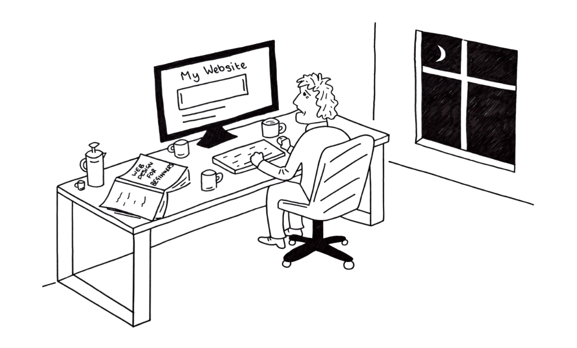 Cartoon of man sitting at desk creating a website.